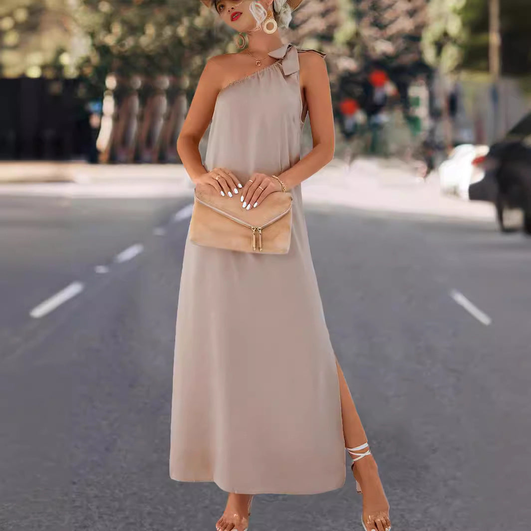 Damen Maxikleid mit asymmetrischem Träger und Seitenschlitz Sovae