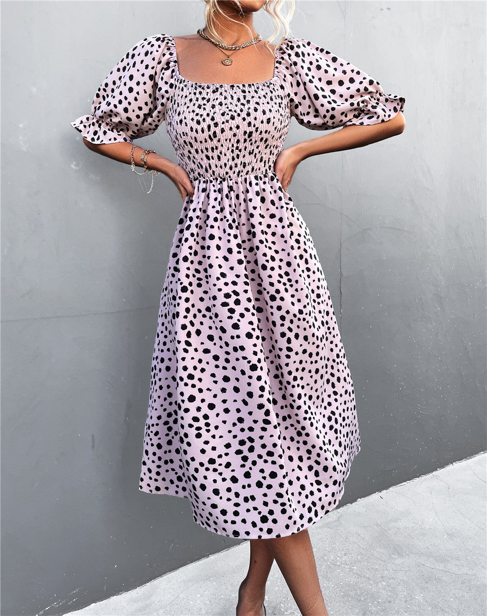 Damen Midikleid mit Puffärmeln und figurbetontem Taillenschnitt Sovae
