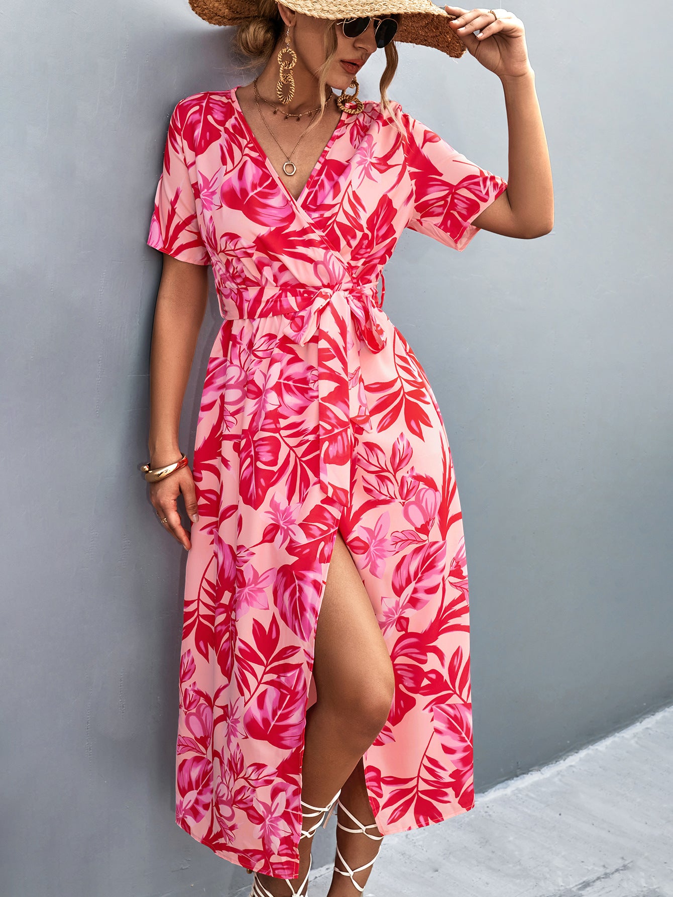 Damen Wickelmaxikleid mit floralem Muster und eleganter Schärpe Sovae