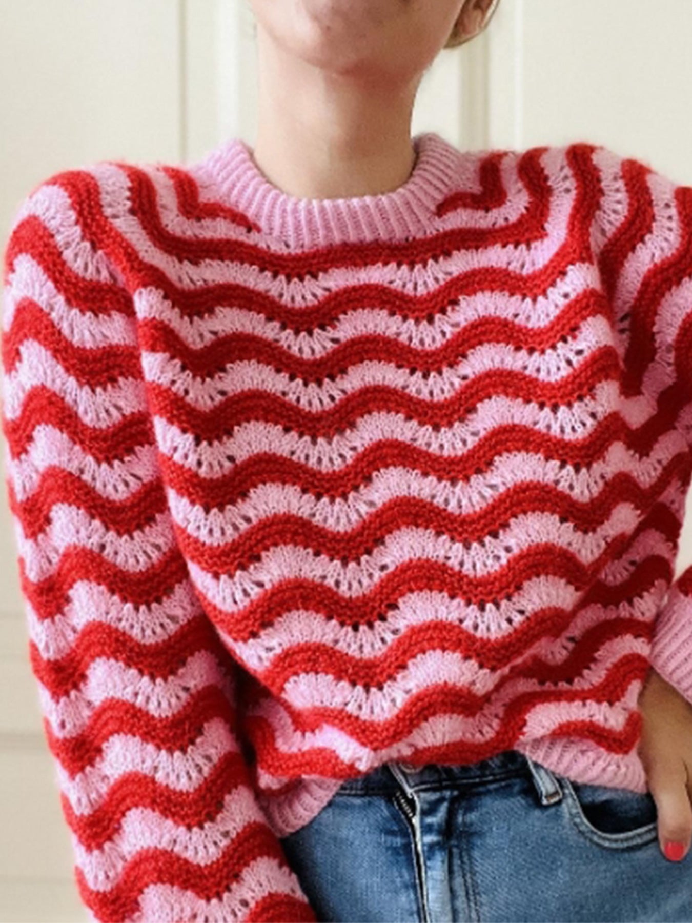 Damen Strickpullover mit wellenförmigem Muster und großzügigem Schnitt Sovae