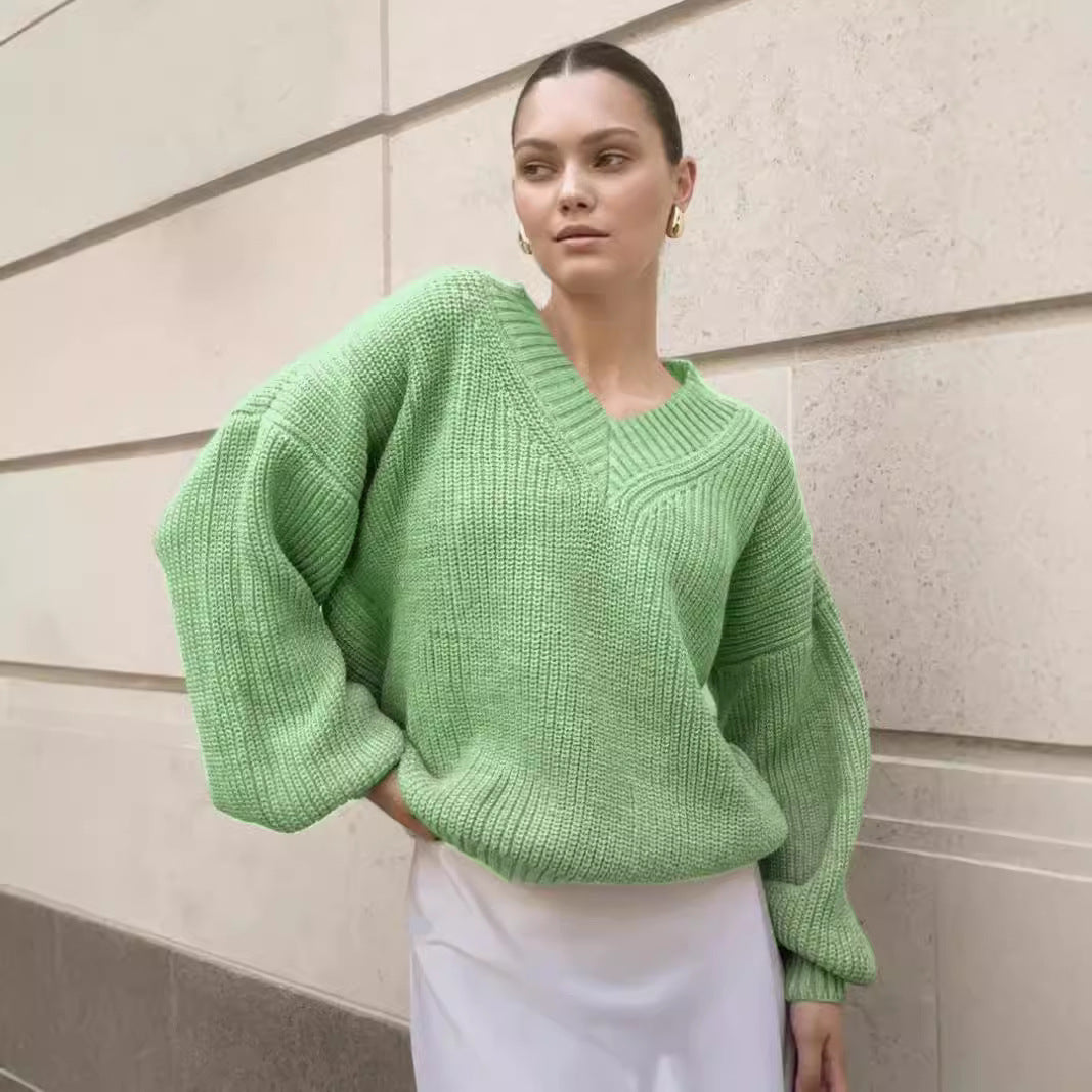Damen lässiger Pullover mit V-Ausschnitt und voluminösen Ärmeln Sovae