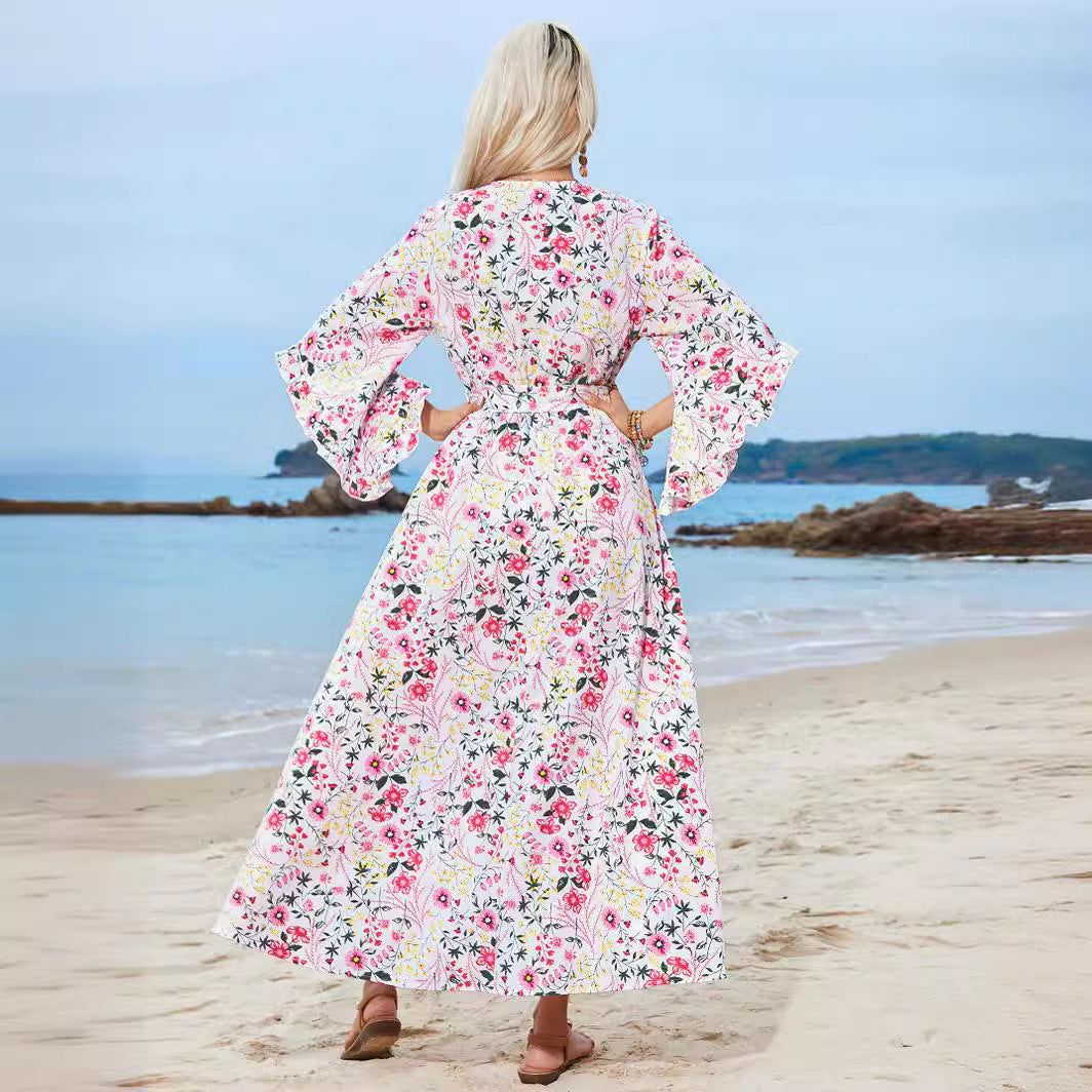 Damen Langarm Maxikleid mit floralem Design und Schlitz Sovae