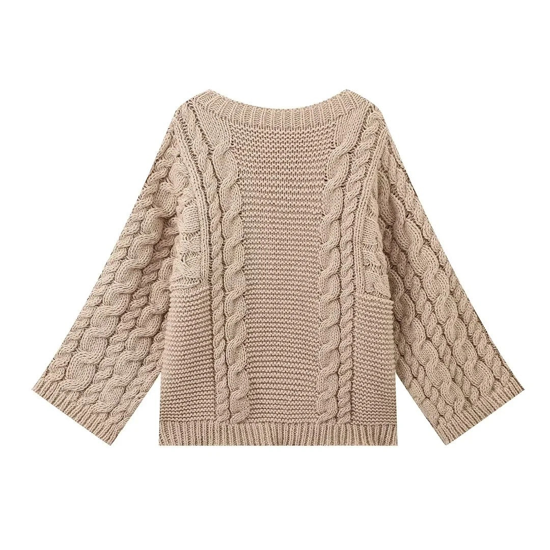 Damen kuscheliger Strickpullover mit Zopfmuster und weitem Schnitt Sovae