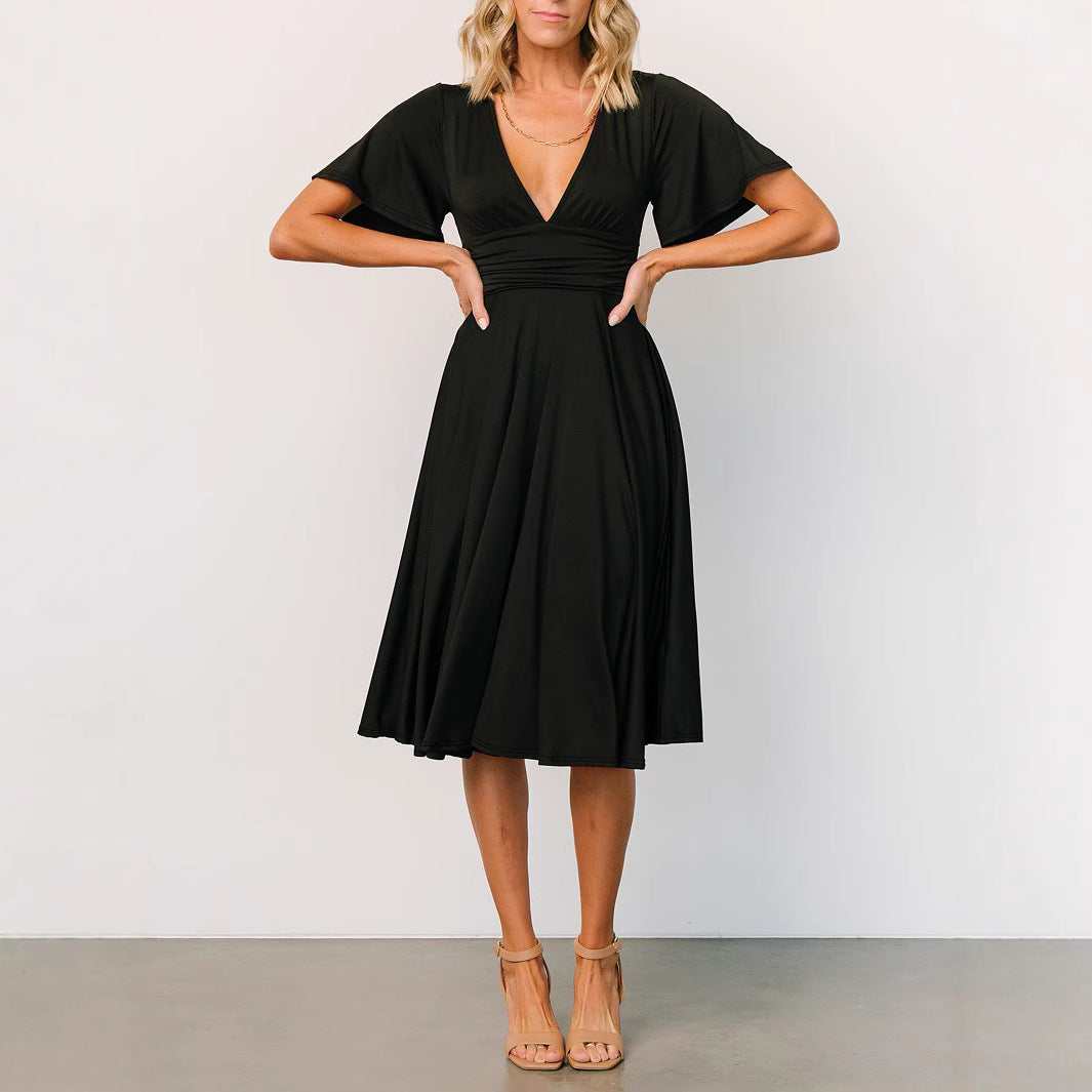 Damen Midikleid mit tiefem V-Ausschnitt und fließendem Schnitt Sovae