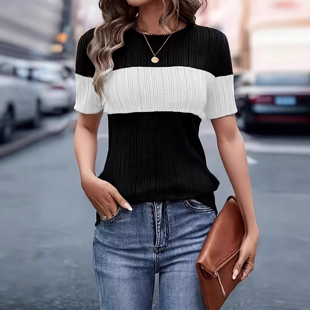 Damen Kurzarmpullover mit modernem Blockstreifenmuster Sovae
