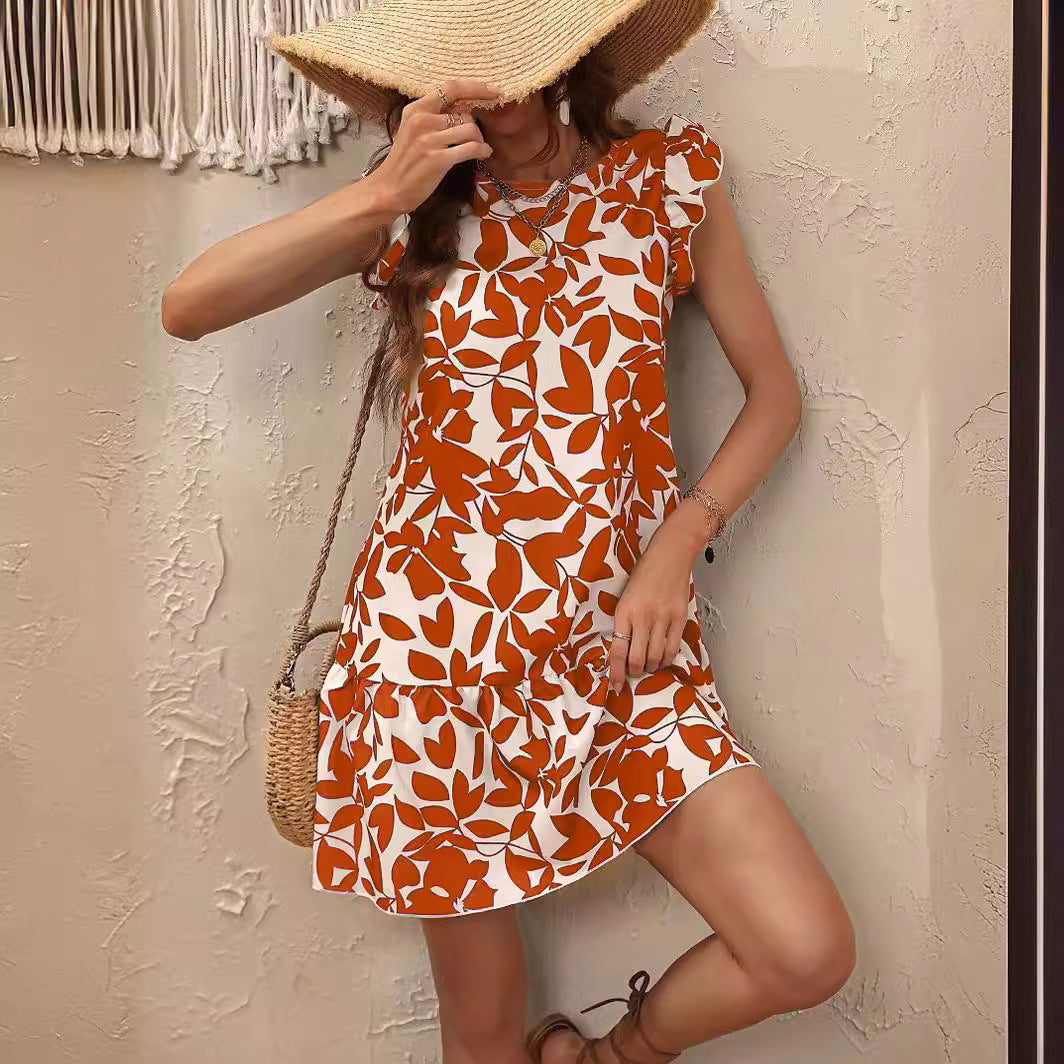 Damen kurzes Sommerkleid mit Rüschendetails und floralem Druck Sovae