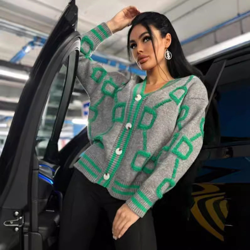 Damen Strickjacke mit grafischem Muster und Knopfdetails Sovae