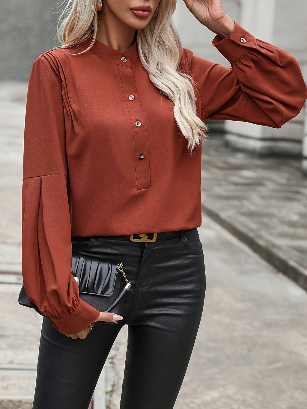 Damen Bluse mit Stehkragen und voluminösen Ärmeln Sovae