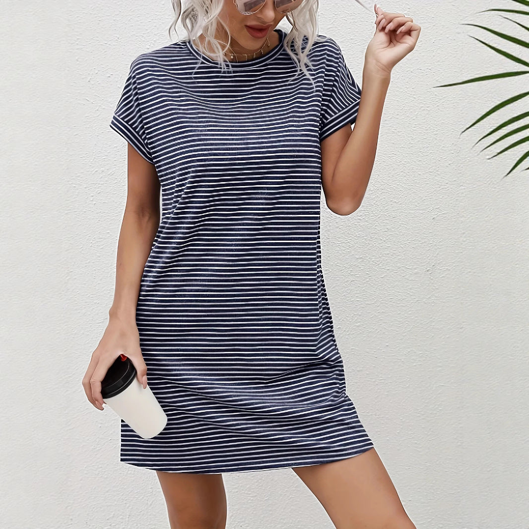 Damen lässiges gestreiftes Kurzarmkleid mit praktischen Taschen und Rundhalsausschnitt Sovae
