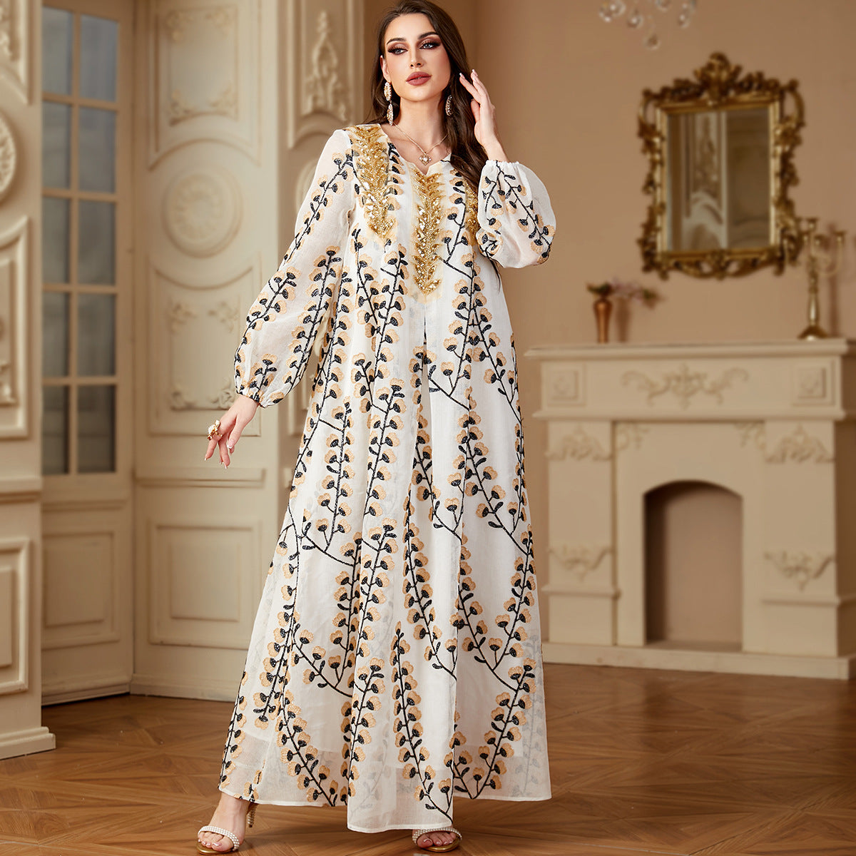 Damen Luftige, bodenlange Kaftan-Robe mit feiner Goldstickerei Sovae