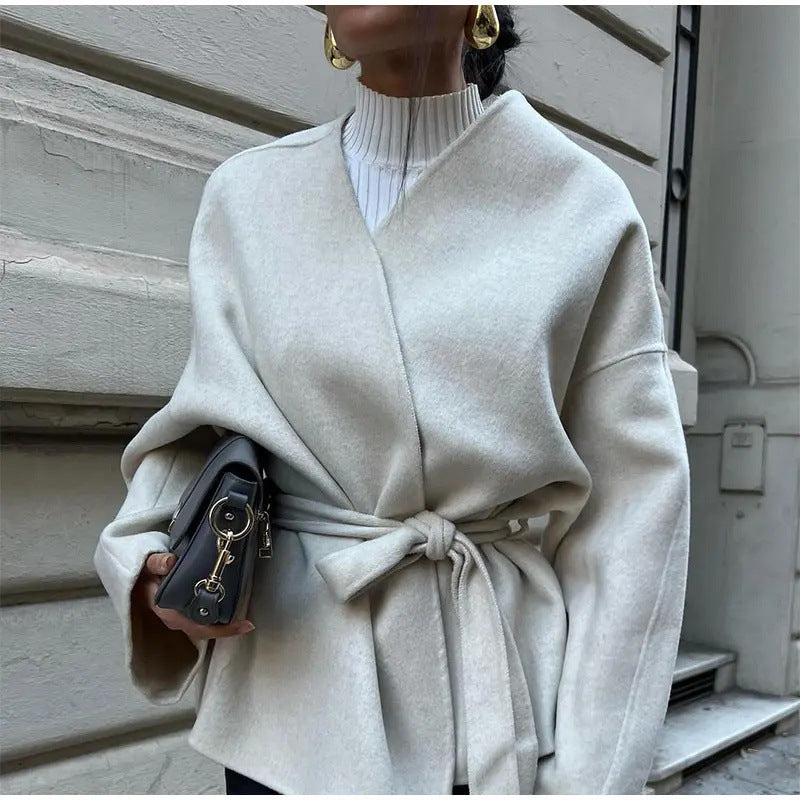 Damen trendige Wickeljacke aus weichem Stoff mit Gürtel und langen Ärmeln Sovae