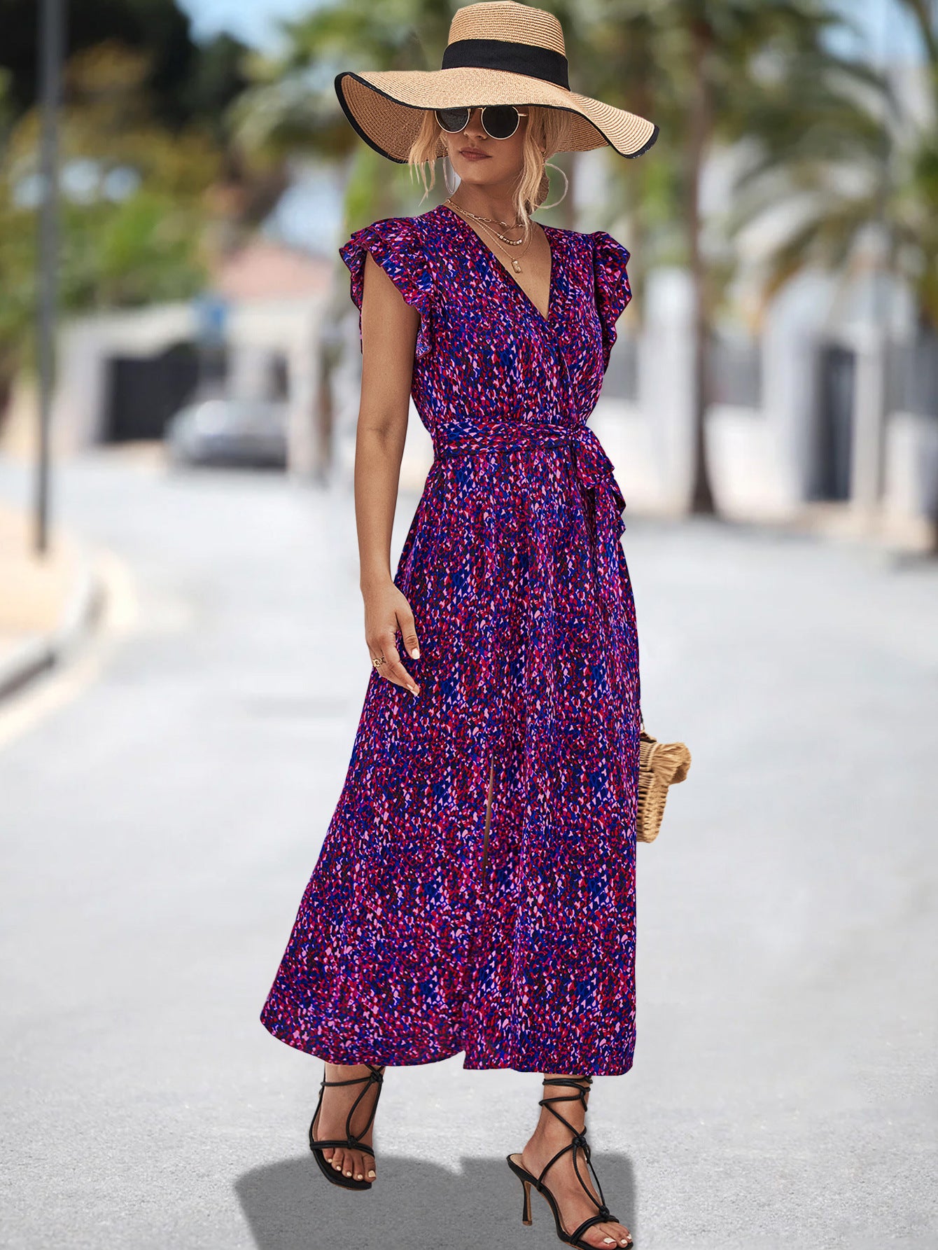 Damen Maxikleid mit voluminösen Rüschen und elastischem Taillenband Sovae