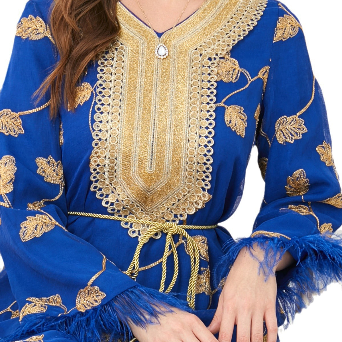 Damen Maxikleid mit luxuriöser floralem Stickerei und Gürtel Sovae