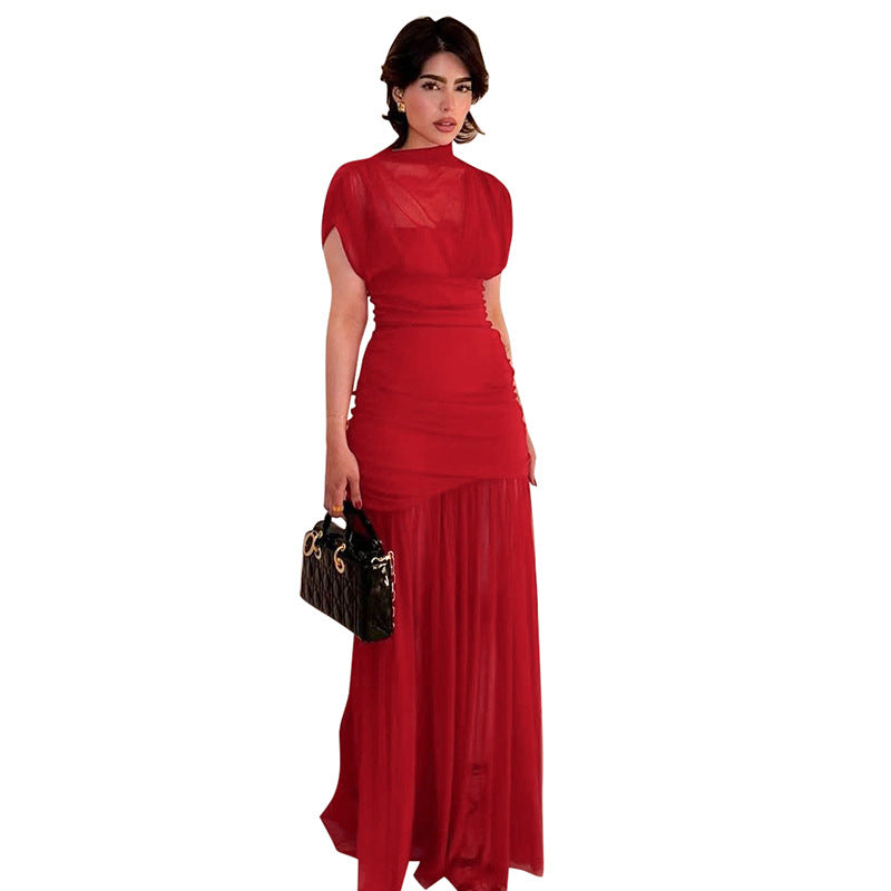 Damen Maxikleid mit raffinierten Drapierungen und transparentem Overlay Sovae
