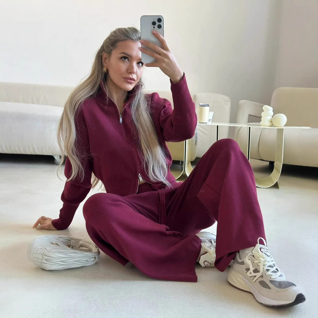Damen lockerer Strick-Loungewear-Anzug mit hohem Kragen Sovae
