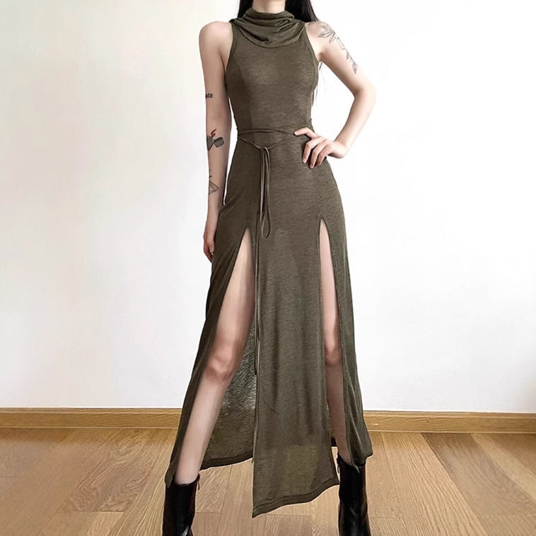 Damen Elegantes Maxikleid mit hohem Schlitz und Kapuze Sovae