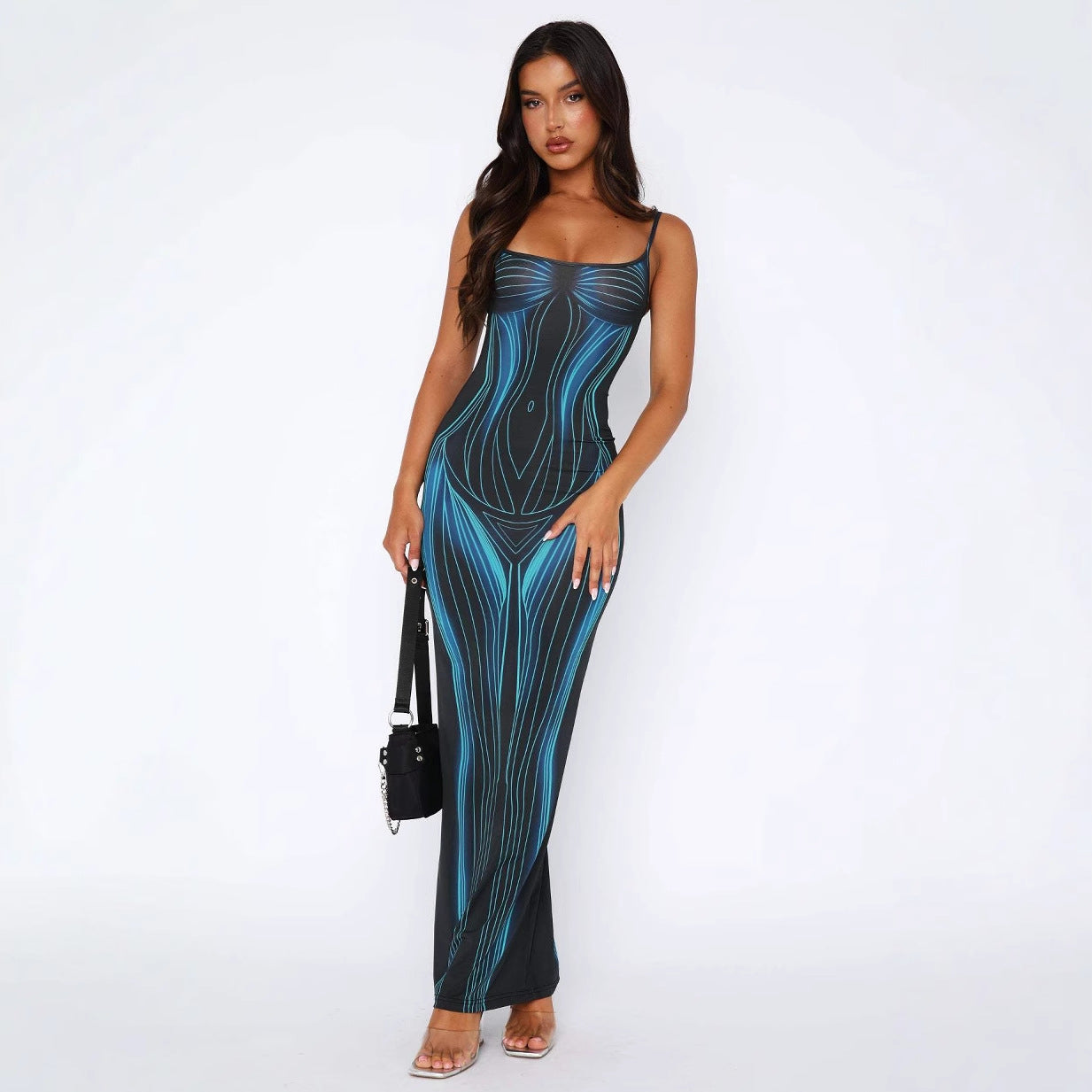 Damen figurbetontes Maxikleid mit schickem Grafikdesign Sovae