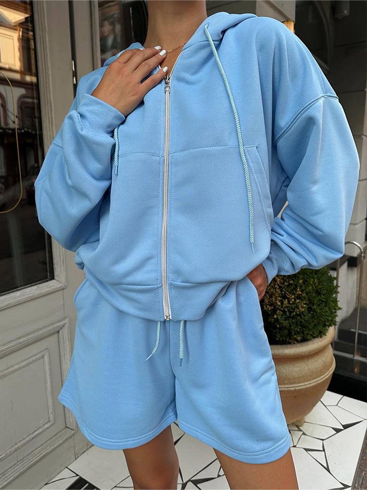 Damen sportliches Cropped Hoodie und Shorts Set Sovae