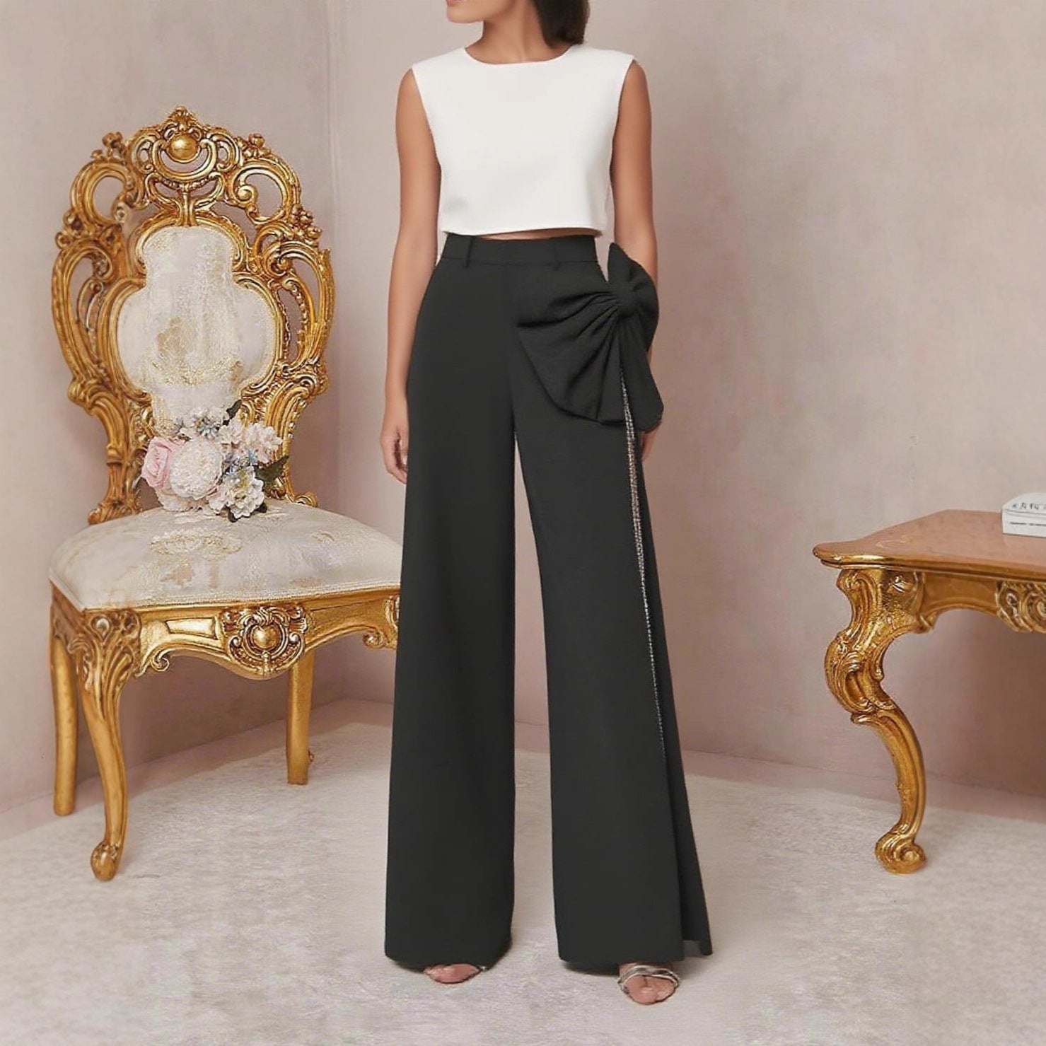 Damen Weite Hose mit seitlichem Schlitz und dekorativem Detail Sovae