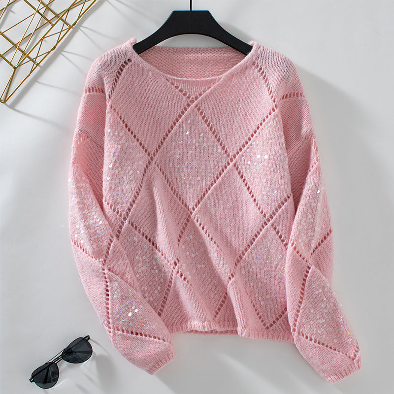 Damen modischer Pullover mit aufwendigem Strickdesign und Glitzerelementen Sovae
