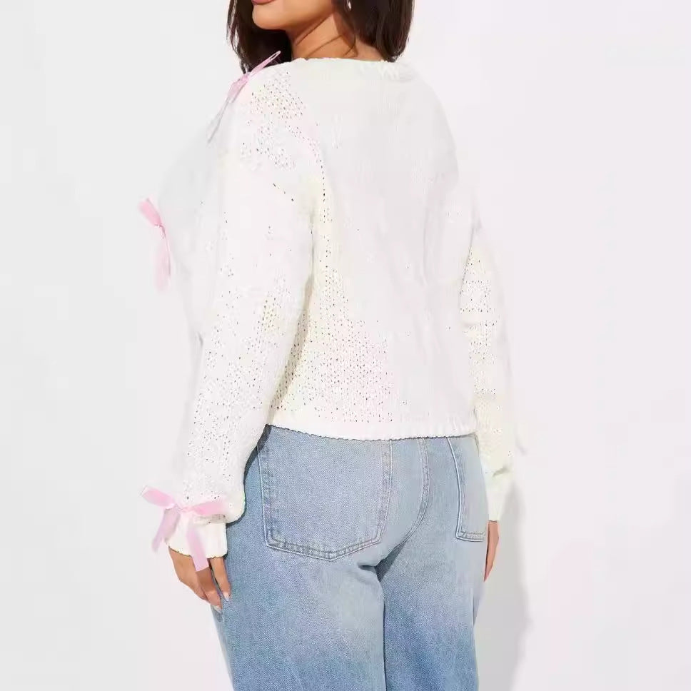 Damen Süßer Strickpullover mit Schleifen-Applikationen Sovae