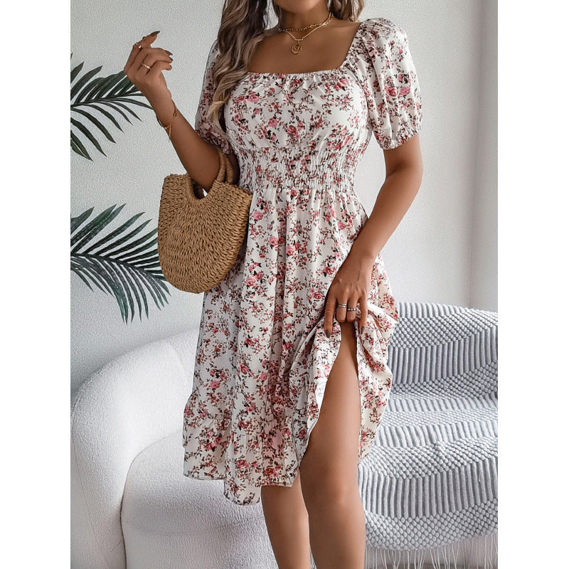 Damen Off-Shoulder Kleid mit floralem Design und elastischem Taillenbund Sovae