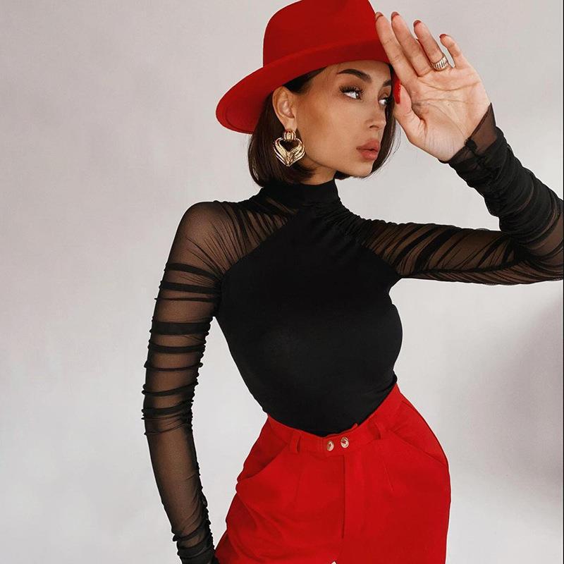 Damen Eleganter Langarm-Bodysuit mit transparenter Raffung Sovae