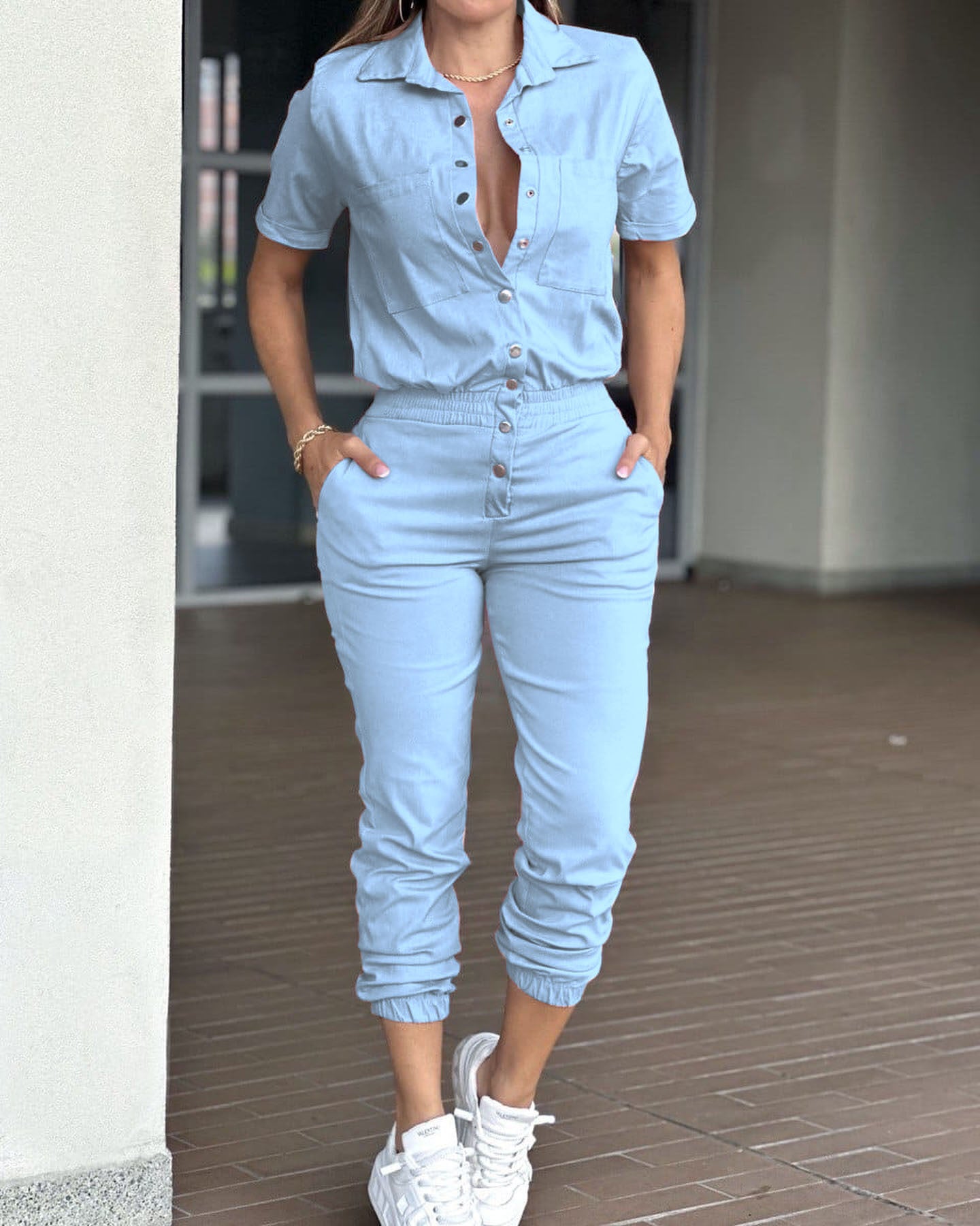 Damen Trendiger Kurzoverall mit Hemdkragen und elastischer Taille Sovae