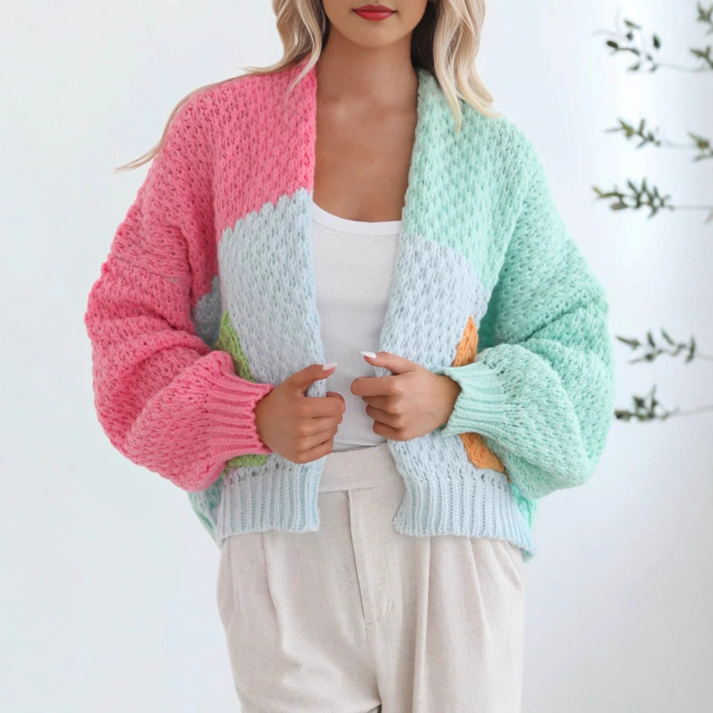 Damen kuschelige Strickjacke mit oversized Ärmeln und Farbkombination Sovae
