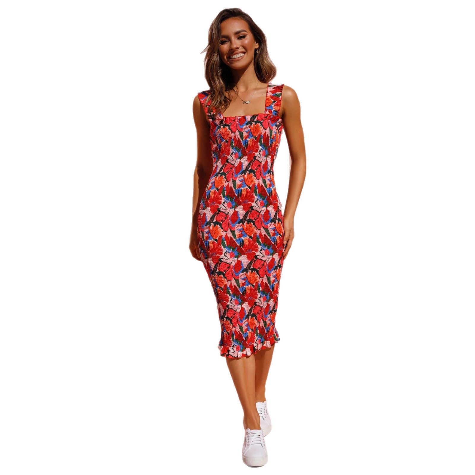 Damen Blumenmuster Midi-Kleid Sovae