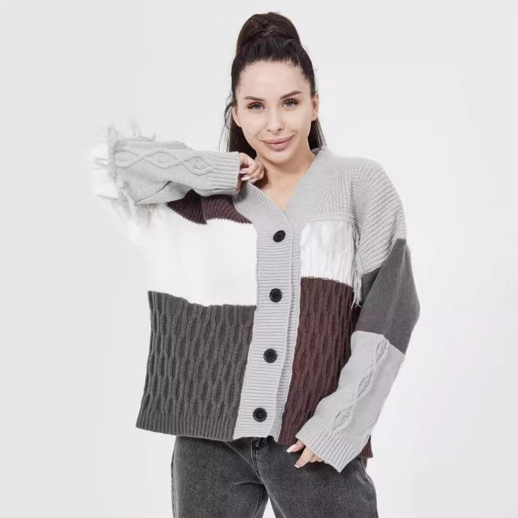 Damen Strickjacke mit modischem Blockstreifenmuster und klassischem Knopfverschluss Sovae