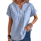 Damen leichte Kurzarmbluse mit kariertem Muster und praktischen Brusttaschen Sovae