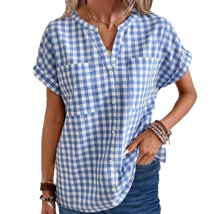 Damen leichte Kurzarmbluse mit kariertem Muster und praktischen Brusttaschen Sovae