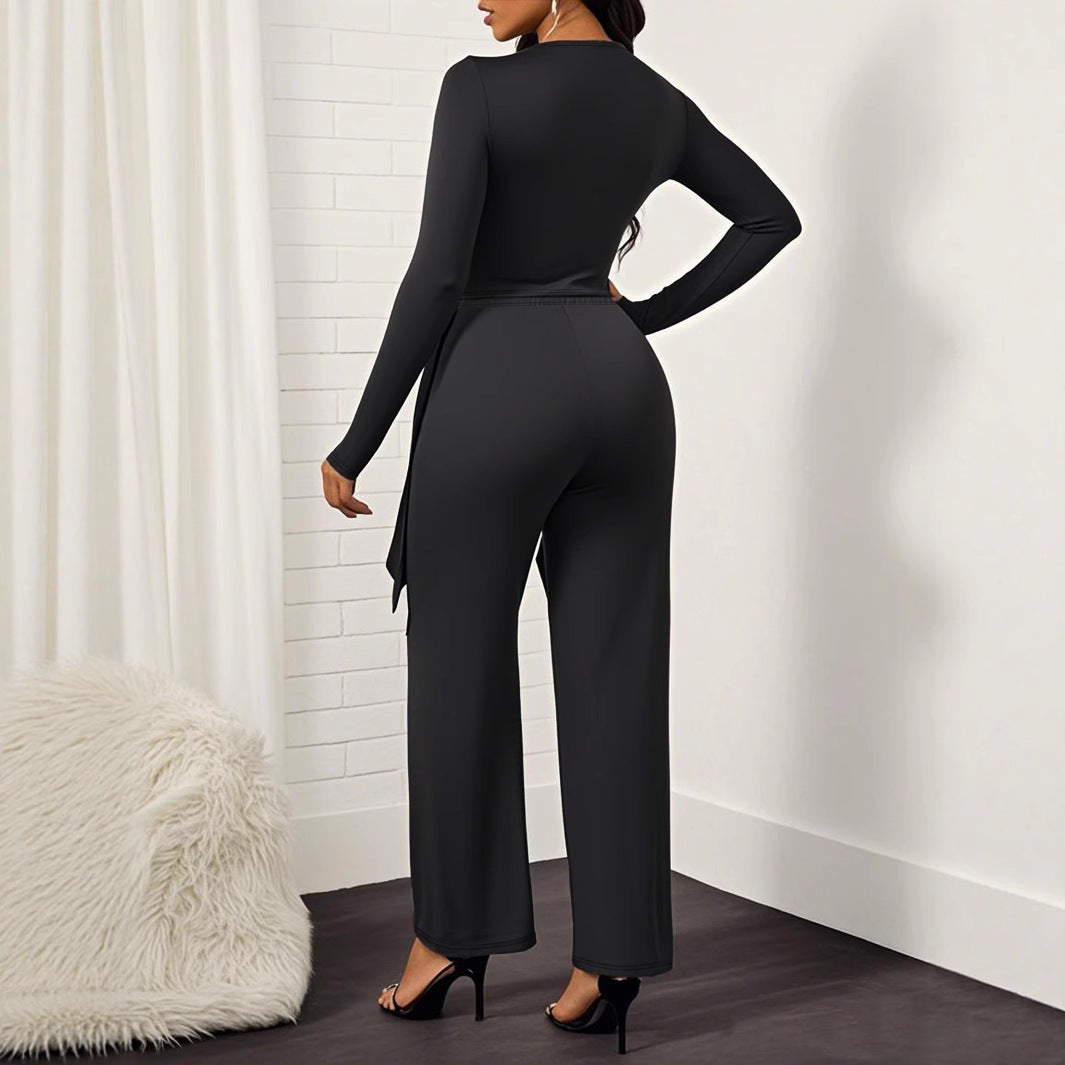 Damen elegantes Jumpsuit mit fließendem Oberteil und V-Ausschnitt Sovae