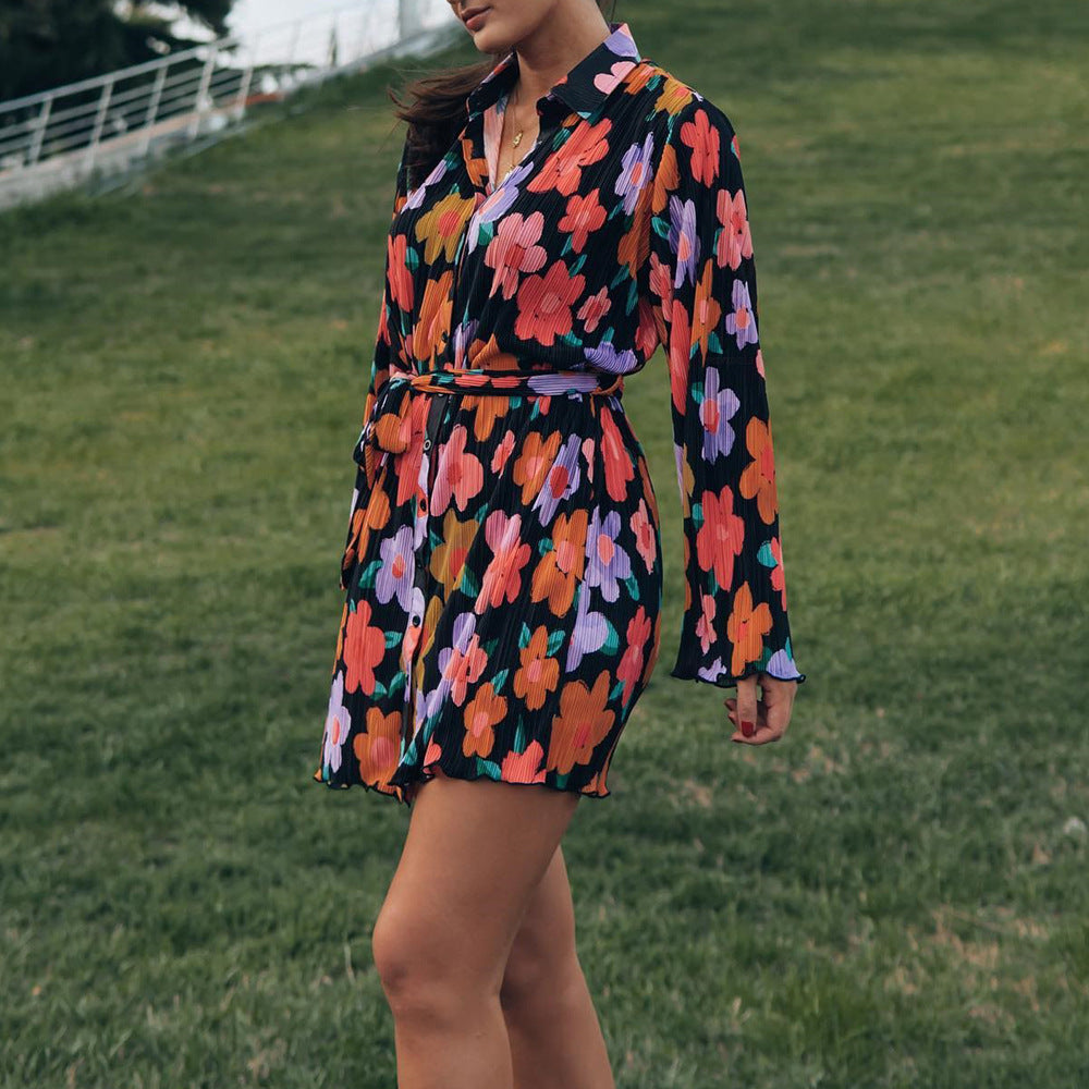Damen Hemdblusenkleid mit raffinierten Falten und Gürtel Sovae