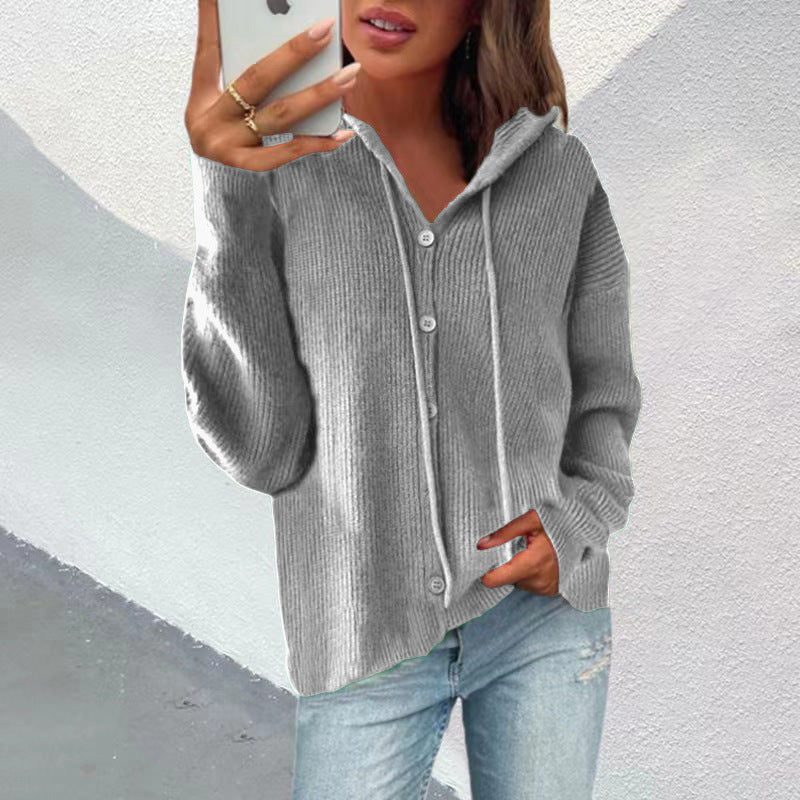 Damen Strickjacke mit Kapuze und Knopfleiste Sovae