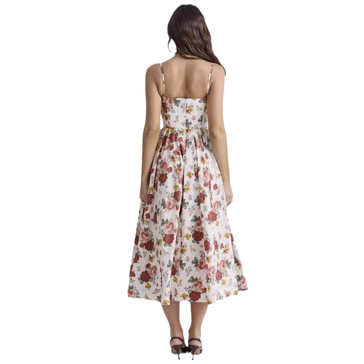 Damen blumiges Midi-Kleid mit Spaghettiträgern und voluminösem Rock Sovae