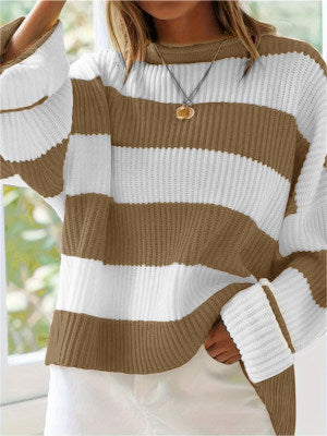 Damen lässiger Strickpullover mit breiten Streifen und lockerer Passform Sovae