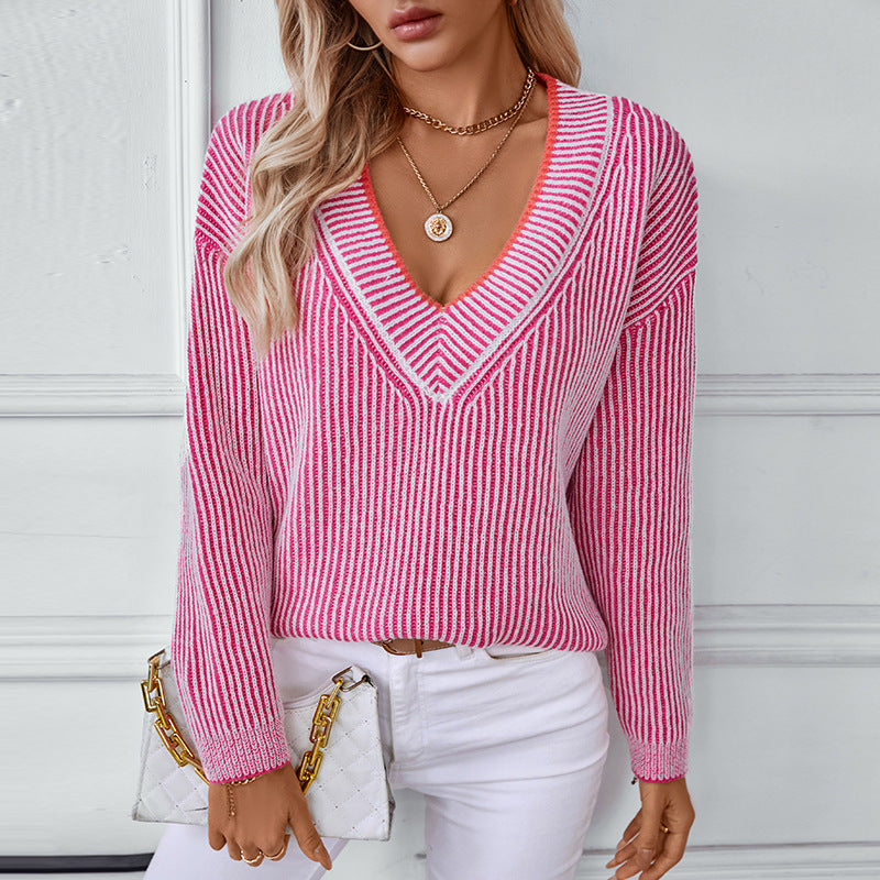 Damen Strickpullover mit V-Ausschnitt und gestreiftem Design Sovae