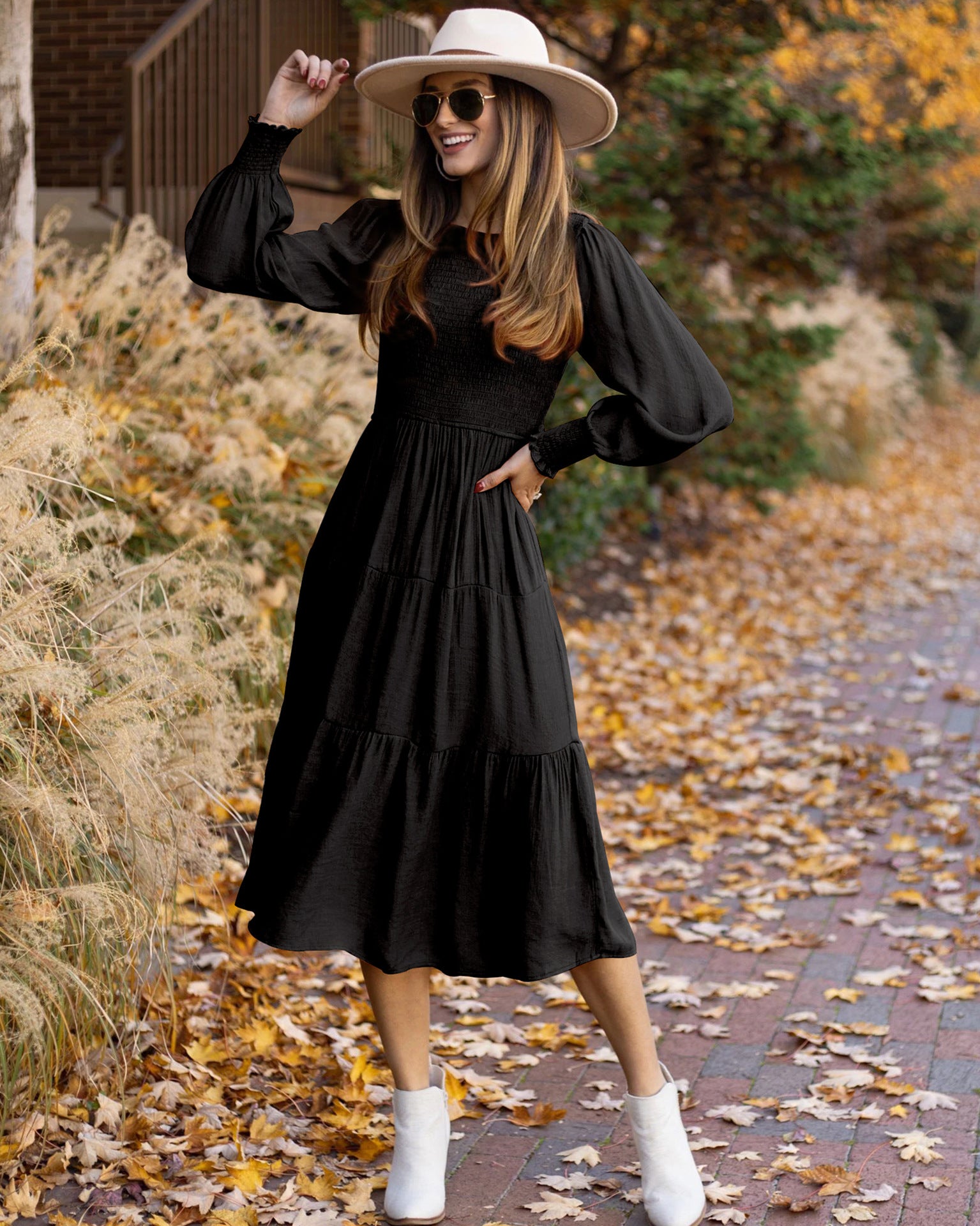 Damen Midi-Kleid mit Ballonärmeln und Rüschendetail Sovae