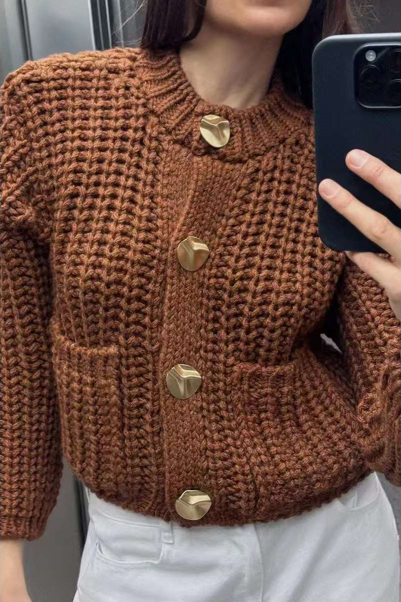 Damen kuschelige Strickjacke mit dekorativen Knöpfen und praktischen Taschen Sovae