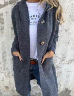 Damen lange Strickjacke mit Kapuze und Taschen Sovae