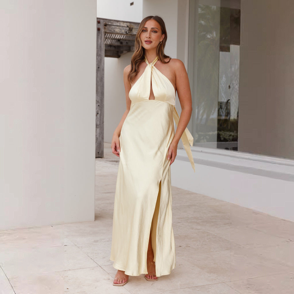 Damen elegantes Maxikleid mit tiefem V-Ausschnitt und schwingendem Saum Sovae