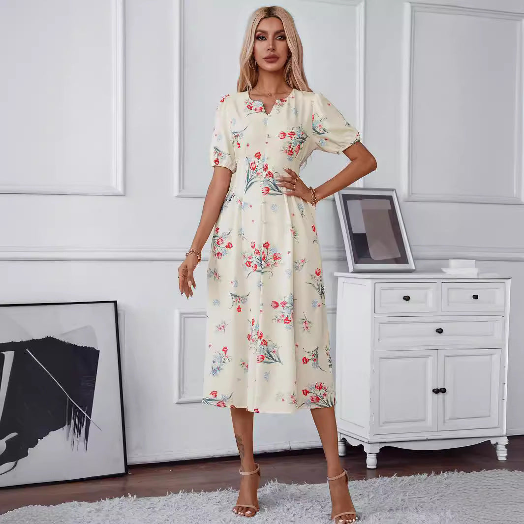 Damen Midi-Kleid mit floralen Motiven und Knopfleiste Sovae