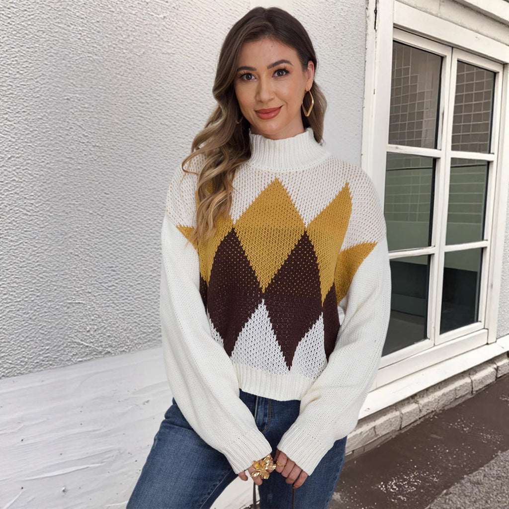 Damen modischer Strickpullover mit geometrischem Muster und hohem Kragen Sovae