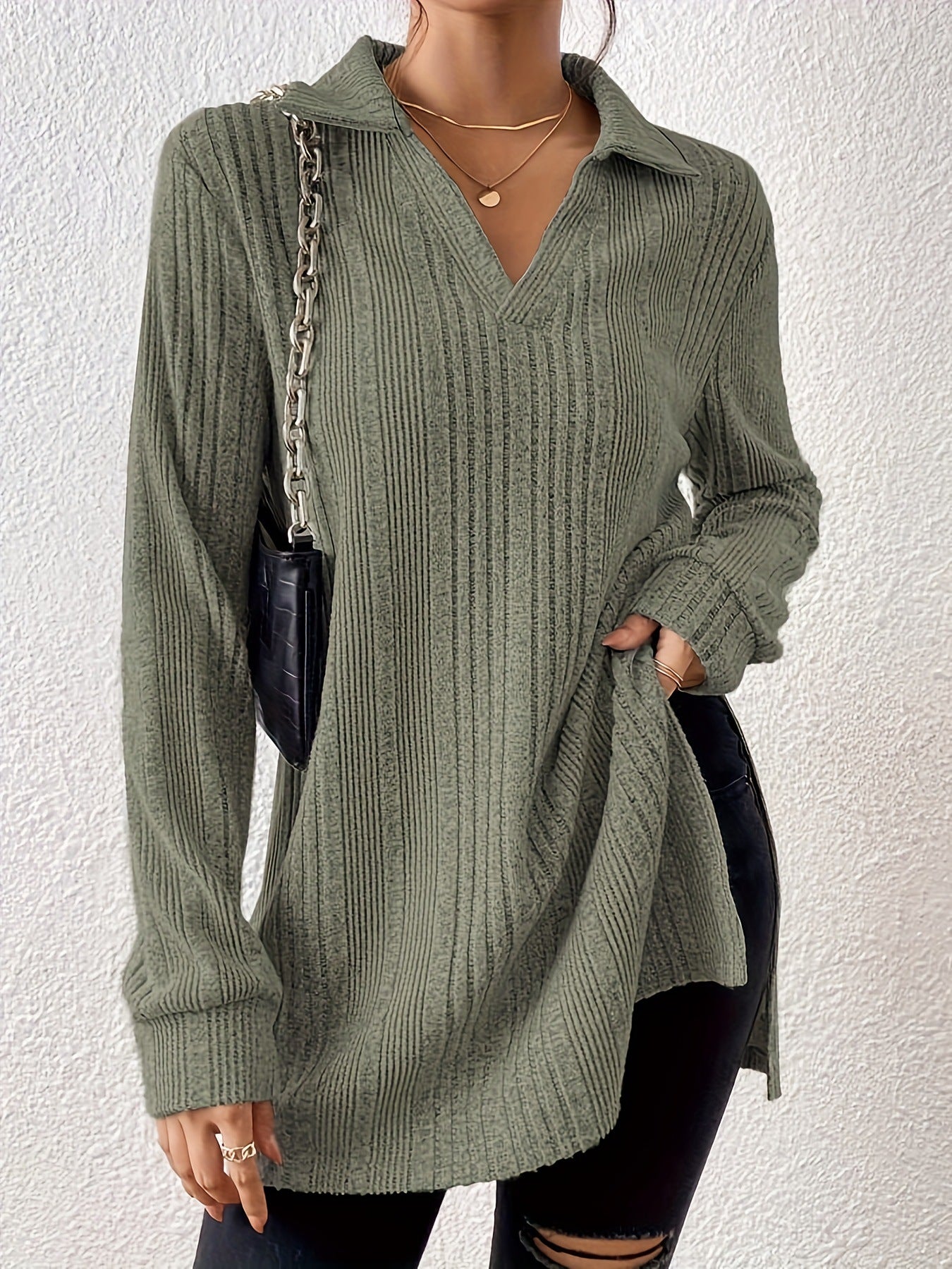 Damen Langarm Shirt mit strukturiertem V-Ausschnitt und schmalen Rippdetails Sovae