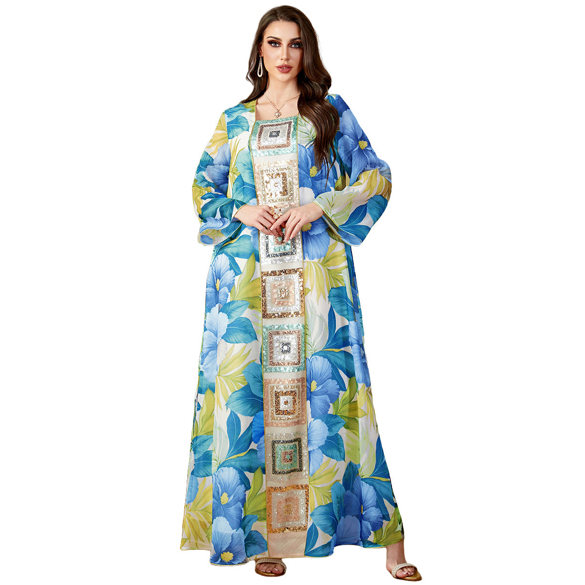 Damen Luftige Kaftan Robe mit prächtigen Blumenmustern Sovae