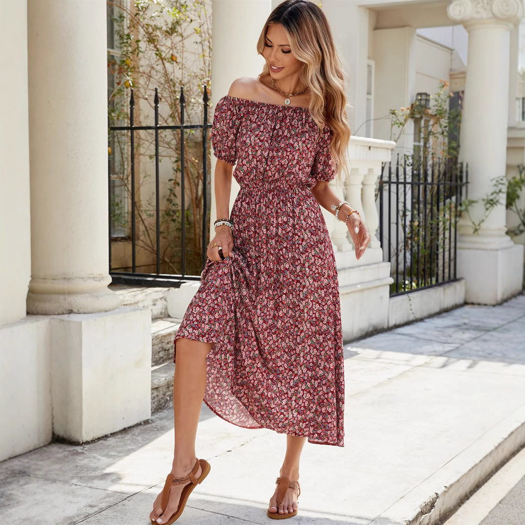 Damen luftiges Midikleid mit Puffärmeln und floralem Muster Sovae