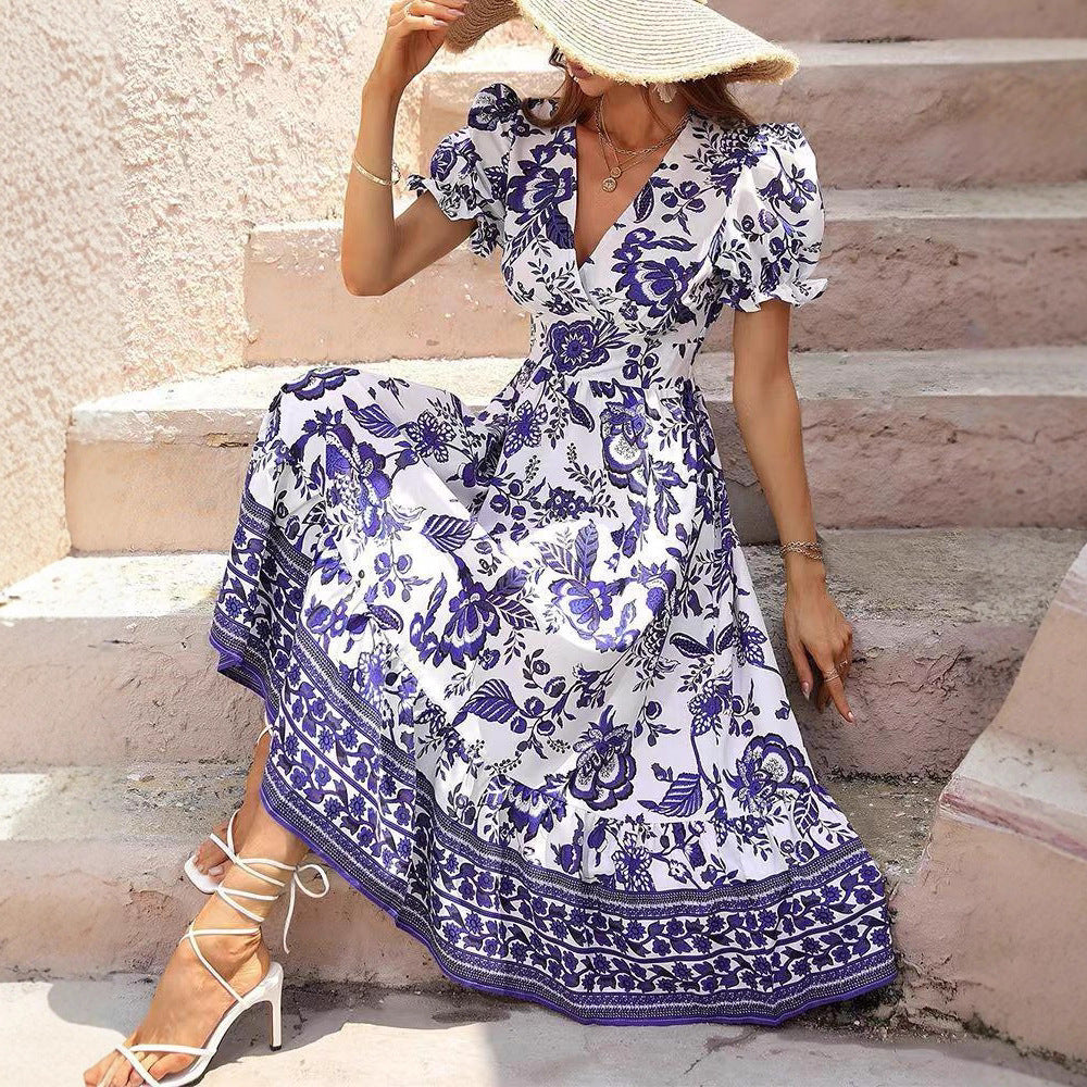 Damen Maxikleid mit voluminösen Ärmeln und floralen Verzierungen Sovae
