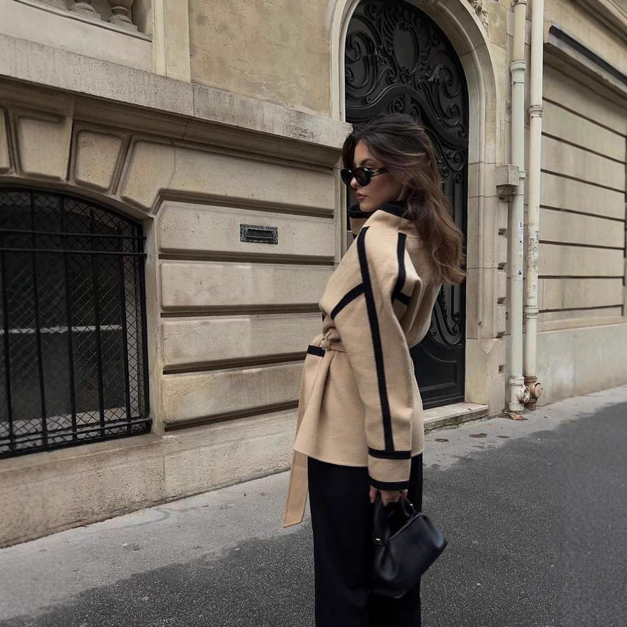 Damen elegante Blazerjacke mit Taillengürtel und Kontrastnähten Sovae